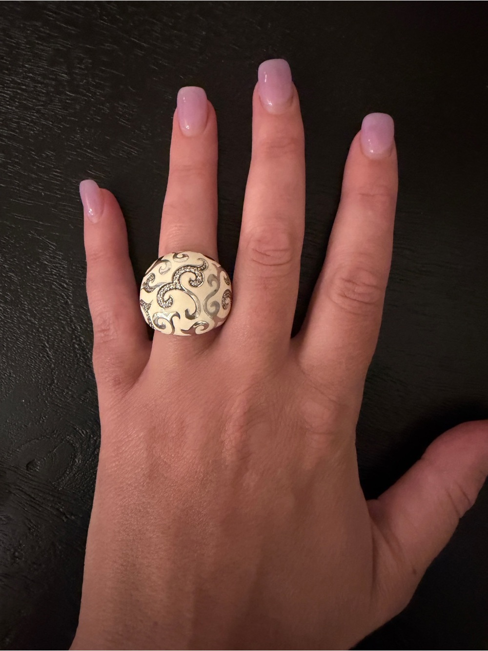Cream Dome Ring with Silver Scroll Accents - Women Jewelry